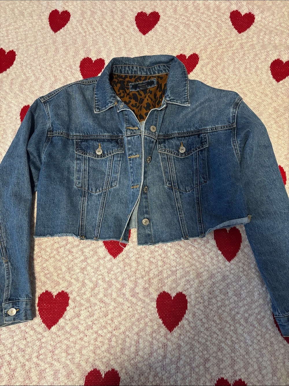 Forever 21 Cropped Blue Denim Jacket with Leopard Lining